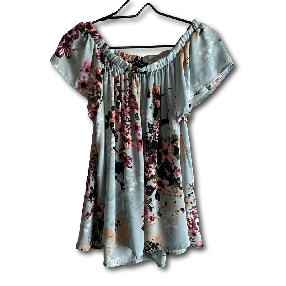 Floral Print Loose Fit Short Ruffle Sleeve Off Shoulder Neckline Shirt Blouse L